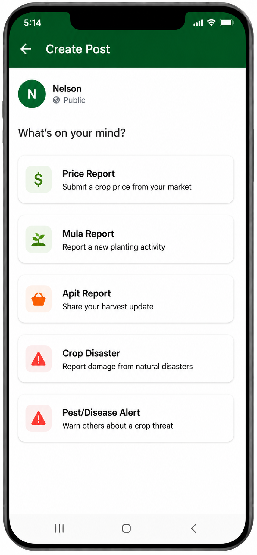 Binnadang app screen for sharing price reports