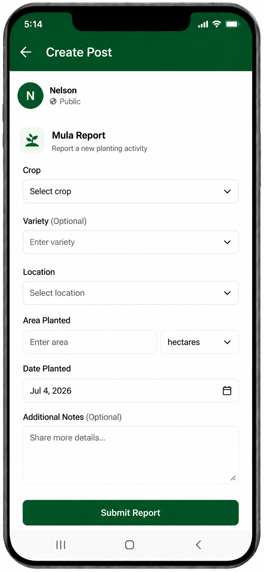 Binnadang app screen for Mula planting updates