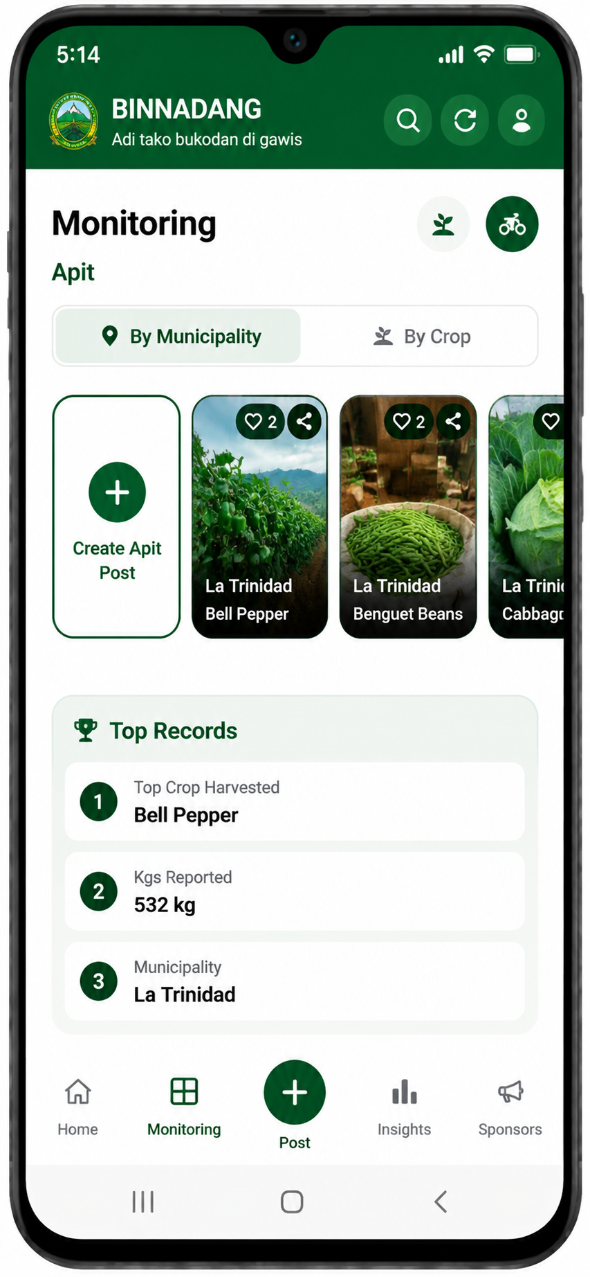 Binnadang app screen for Apit harvest updates