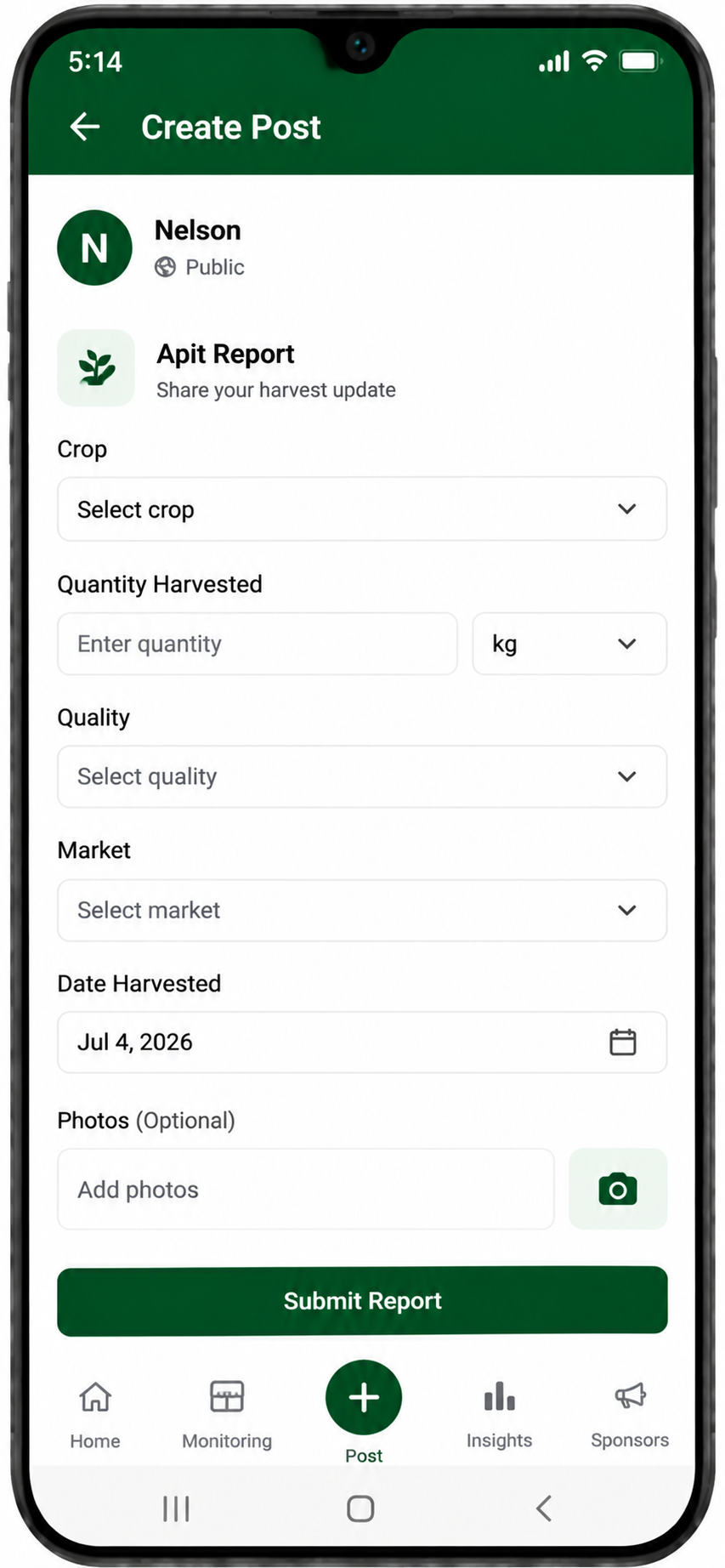 Binnadang app screen showing photo and GPS field proof