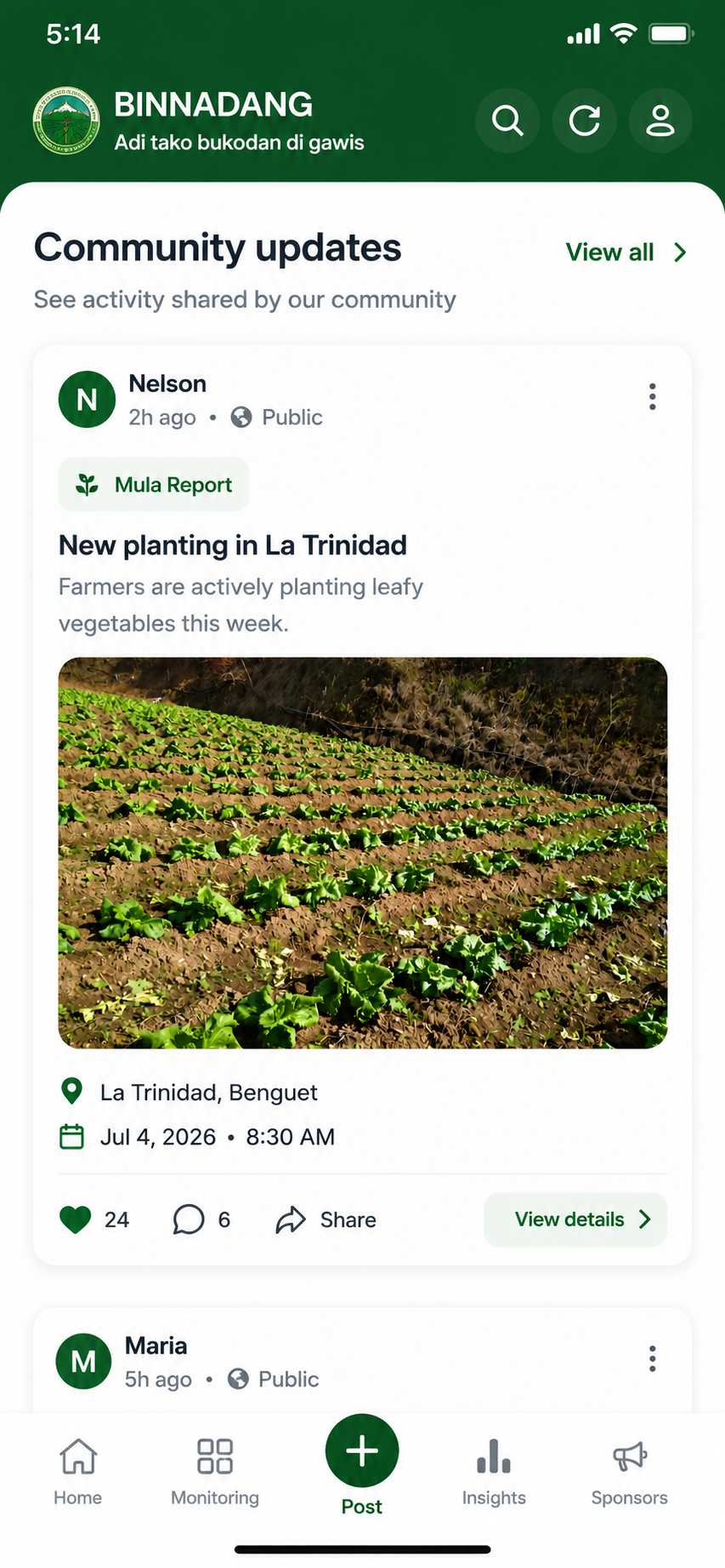Binnadang app screen showing community updates